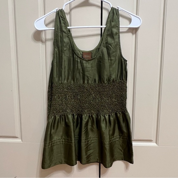 IPSA Anthropologie 100% Silk Olive Green Satin Beaded Peplum Blouse Size Medium - Picture 9 of 9